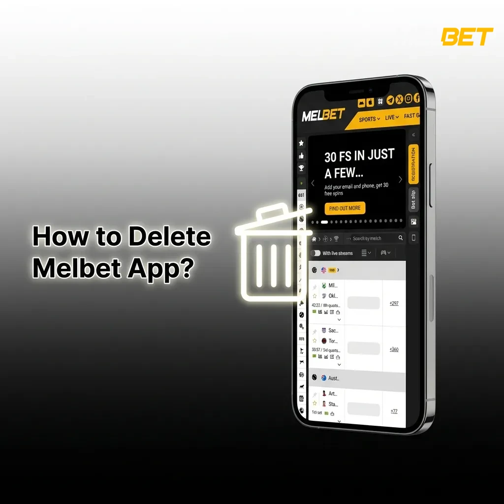 Person uninstalling the Melbet betting app from their smartphone screen by dragging icon to delete option