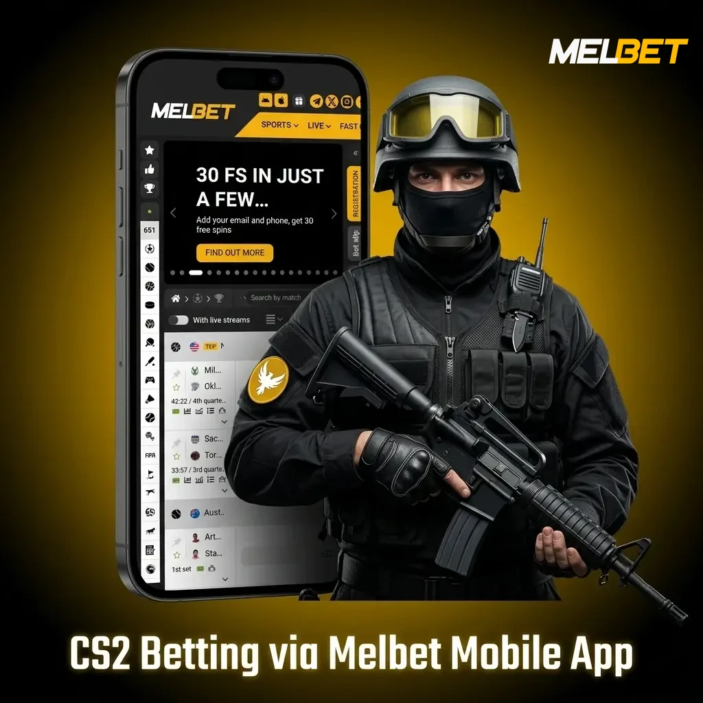 Melbet mobile app open on CS2 esports betting section showing live match odds and bet placement interface