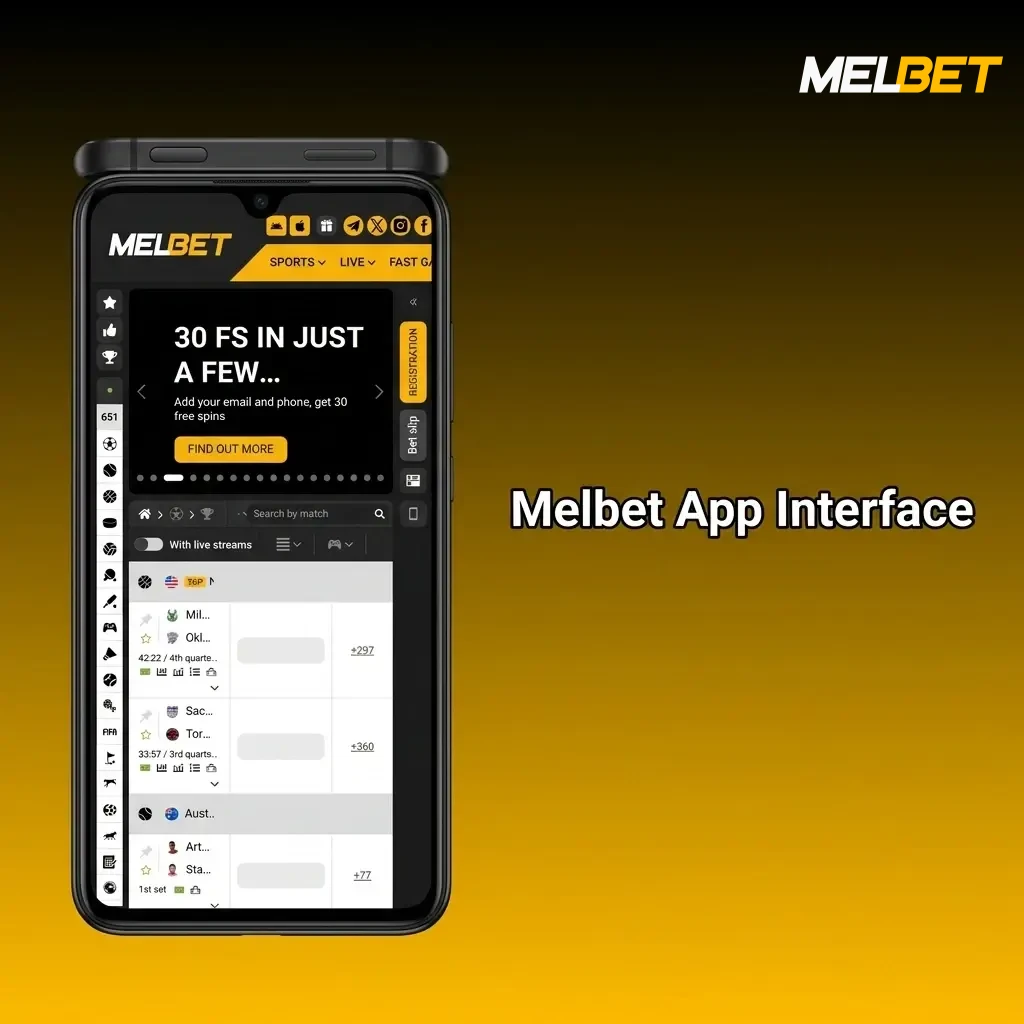 Melbet app interface showing sports, live betting, and casino sections with bottom navigation menu bar