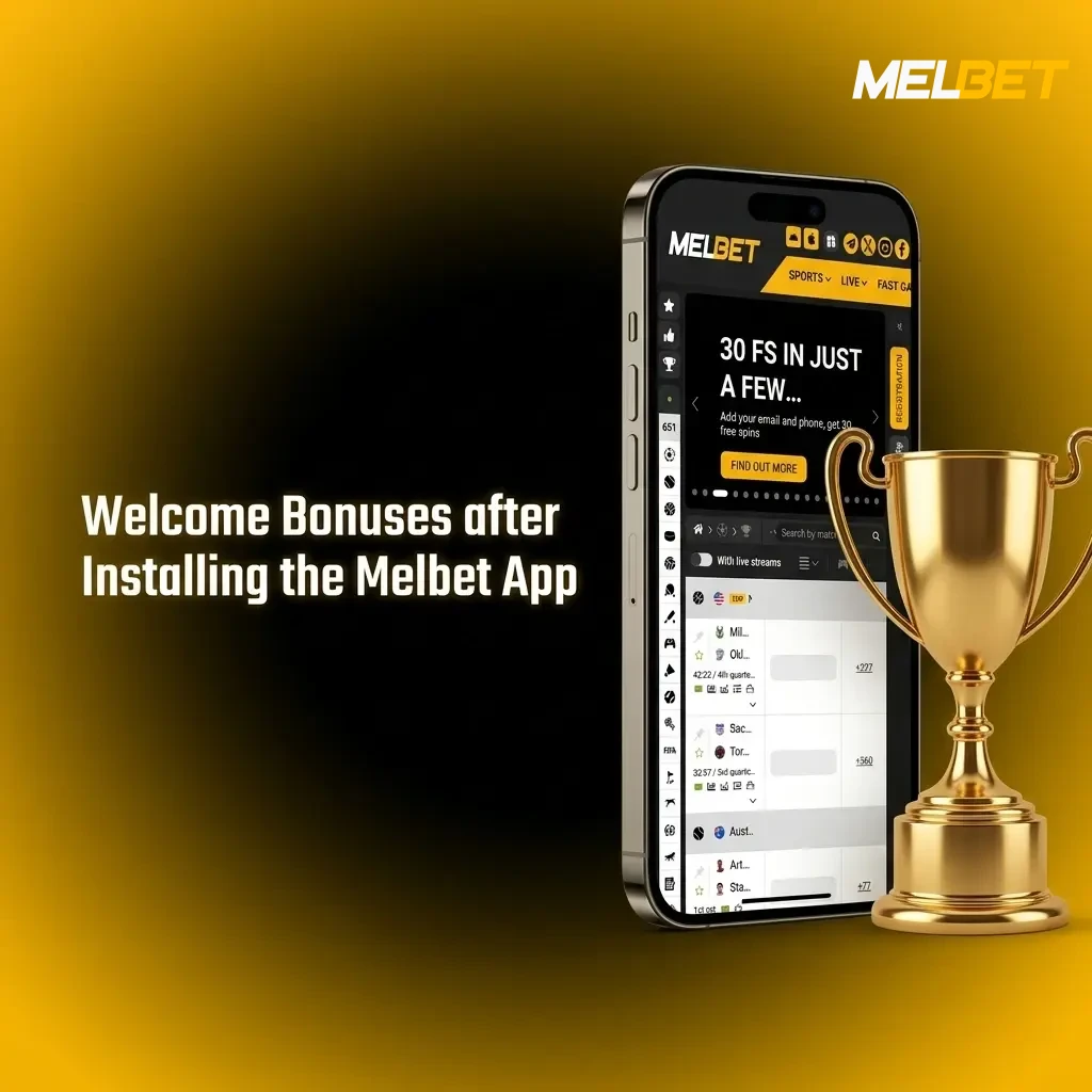 Melbet app welcome bonus offering 100% match up to ₹20,000 for sports betting, casino games, and free spins